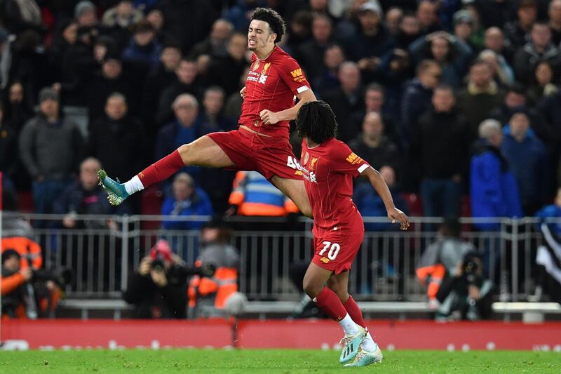 Liverpool's Curtis Jones celebrates after scoring against Everton at Anfield. AFP