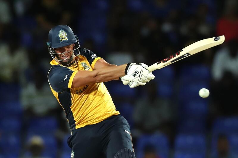 BASSETERRE, ST KITTS, SAINT KITTS AND NEVIS - SEPTEMBER 15: In this handout image provided by CPL T20, Hardus Viljoen of St Lucia Zouks hits four during the Hero Caribbean Premier League match between St Kitts Nevis Patriots and St Lucia Zouks at Warner Park Sporting Complex on September 15, 2019 in Basseterre, St Kitts, Saint Kitts and Nevis. (Photo by Ashley Allen - CPL T20/CPL T20 via Getty Images)
