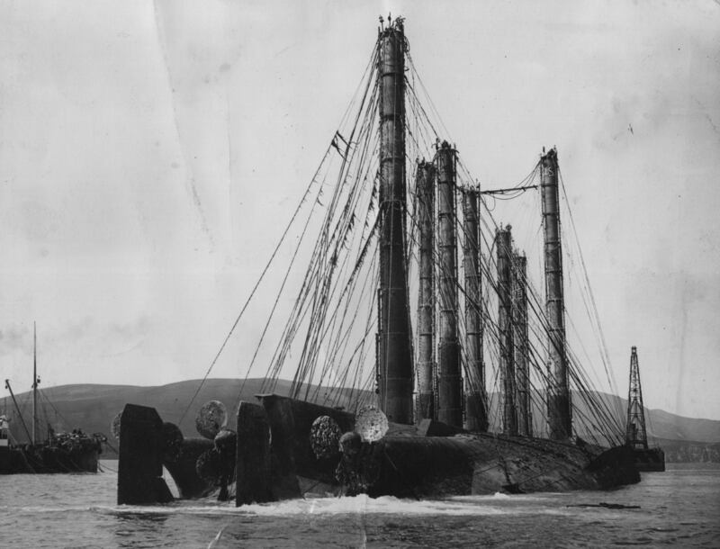 17th May 1936:  The German dreadnought 'Kaiserin', and the huge air locks used to raise her at Scapa Flow. This is one of many German ships sunk by her crew in Scapa Flow on June 21, 1919, after the fleet surrendered in November 1918.  Getty