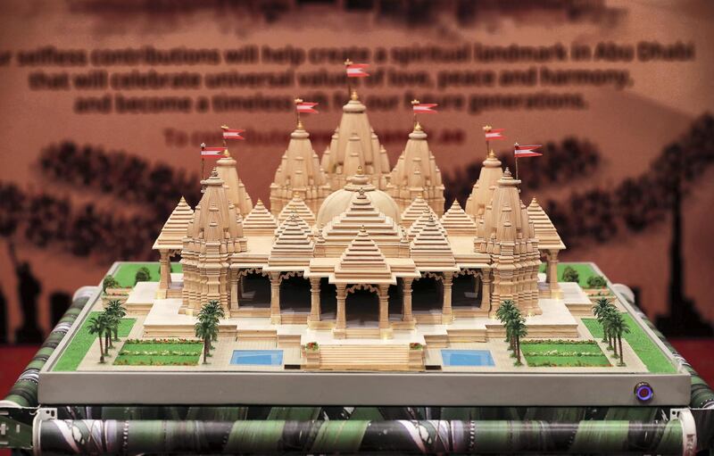 ABU DHABI , UNITED ARAB EMIRATES ,  November 9 , 2018 :- Model of Hindu temple during the ���Aarti��� or ���Puja��� ( prayers ) during the Diwali celebration held at the Tulip Inn hotel in Abu Dhabi.  ( Pawan Singh / The National )  For News. Story by Ramola