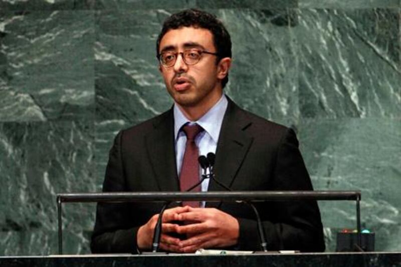 United Arab Emirates' Foreign Minister Sheikh Abdullah Bin Zayed Al Nahyan, addresses the 67th session of the United Nations General Assembly at U.N. headquarters in New York, September 28, 2012. REUTERS/Keith Bedford (UNITED STATES - Tags: POLITICS)