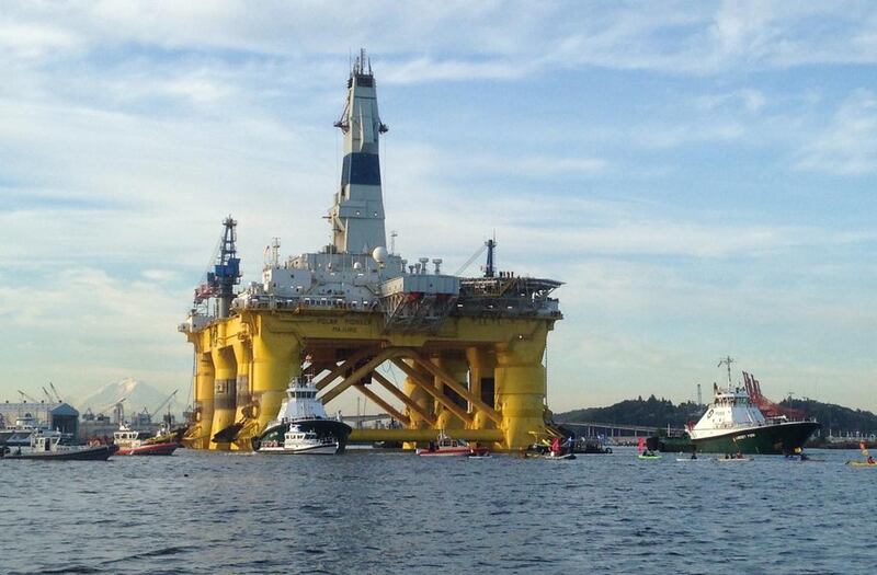 The Shell oil Polar Pioneer”rig platform to be used in offshore drilling operations in Alaska as it moved from Elliott Bay in Seattle, Washington. Shell reported its weakest quarterly result in 11 years and missed analysts’ estimates by more than $1bn. AFP
