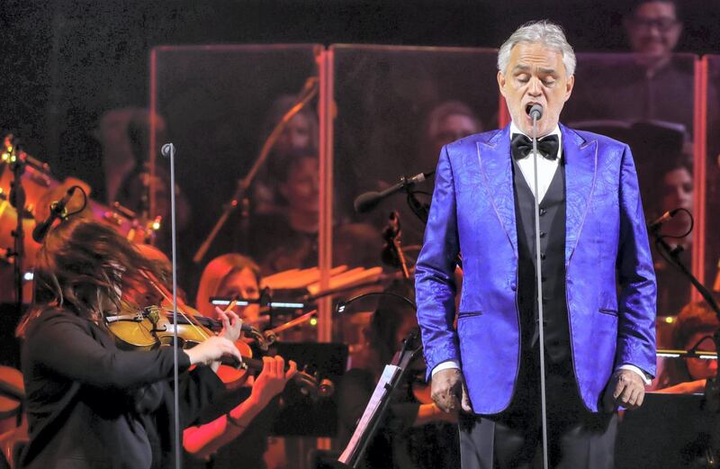 Andrea Bocelli performs during his concert at du Arena on April 26.