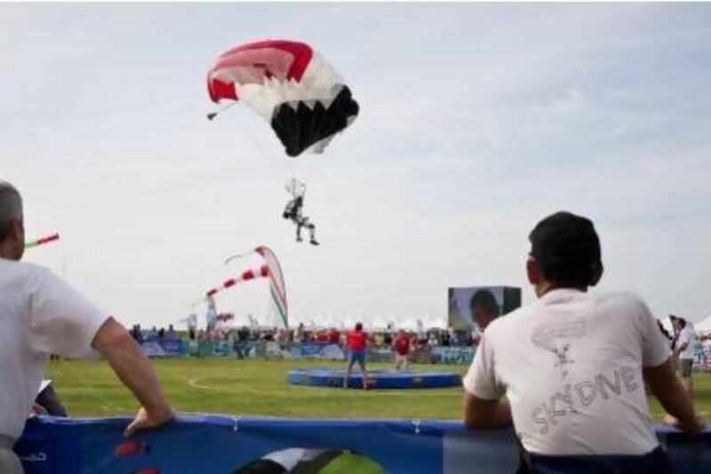 An Egyptian skydiver during the accuracy event at the World Parachuting Championships at Skydive Dubai in the Marina.