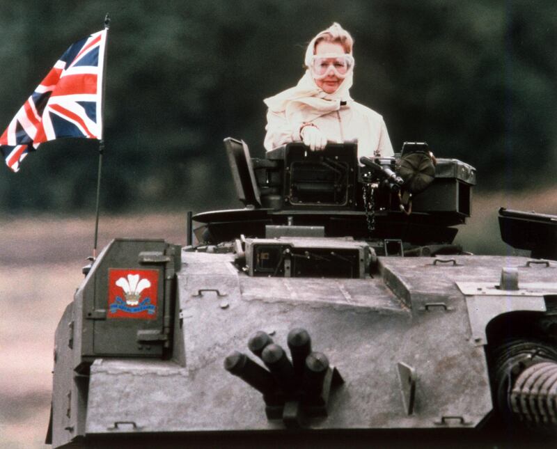 FILE-- British prime minister, Margaret Thatcher, rides aboard a British tank at Fallingbostel, West Germany, September 17, 1986. Mrs. Thatcher was making an official visit to  British forces.           (AP photo/ Joel Fink)