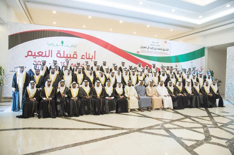 Sheikh Mohamemd bin Zayed, front row ninth right, at the wedding. With him are Sheikh Tahnoon bin Mohammed, front row 10th right, Sheikh Abdulaziz bin Humaid bin Rashid Al Nuaimi, front row eight right, and Bakhit bin Suaidan Al Nuaimi, front row seventh right. Mohamed Al Suwaidi / Crown Prince Court - Abu Dhabi