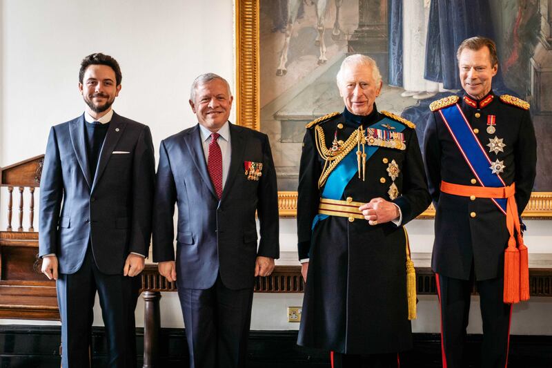 Jordan's King Abdullah II, accompanied by Crown Prince Al Hussein, meets with Britain's King Charles III and Grand Duke Henri of Luxembourg, on the sidelines of Sandhurst’s 200th Sovereign’s Parade in the UK. All photos: Royal Hashemite Court