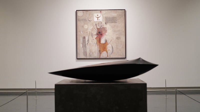From back, The Last Sound by Ibrahim El-Salahi (1964); untitled by Armen Agop (2008). Photo: Barjeel Art Foundation