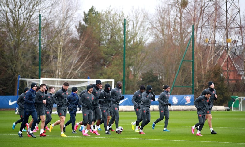 The Chelsea team train on the eve of their match at Stamford Bridge. PA