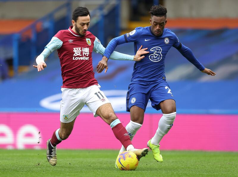 LONDON, ENGLAND - JANUARY 31:  Callum Hudson-Odoi of Chelsea battles with Dwight McNeil of Burnley during the Premier League match between Chelsea and Burnley at Stamford Bridge on January 31, 2021 in London, England. Sporting stadiums around the UK remain under strict restrictions due to the Coronavirus Pandemic as Government social distancing laws prohibit fans inside venues resulting in games being played behind closed doors. (Photo by Julian Finney/Getty Images)