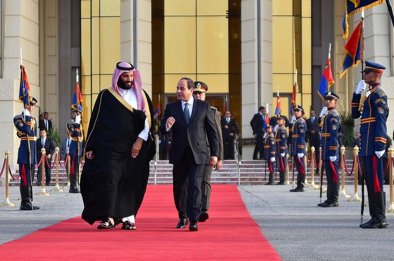 epa06585065 A handout photo made available by the Egyptian Presidency shows Egyptian President Abdel Fattah al-Sisi (R) walking with Saudi Crown Prince Mohammad Bin Salman (L) prior his departure, in Cairo, Egypt, 06 March 2018. Mohammad bin Salman left Egypt after a three-day official visit.  EPA/EGYPTIAN PRESIDENCY HANDOUT  HANDOUT EDITORIAL USE ONLY/NO SALES