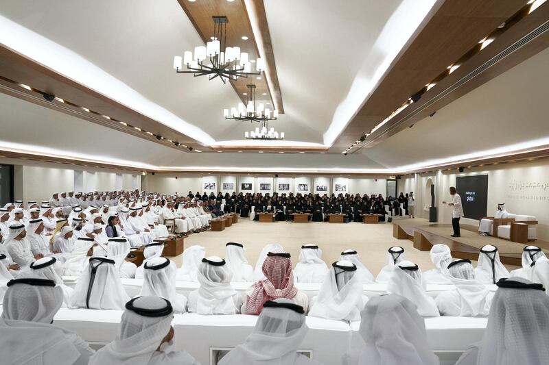 ABU DHABI, UNITED ARAB EMIRATES - May 13, 2019: HH Sheikh Mohamed bin Zayed Al Nahyan, Crown Prince of Abu Dhabi and Deputy Supreme Commander of the UAE Armed Forces and dignitaries attend to a lecture by Dr. Beau Lotto titled "The Science of Innovation: Becoming naturally adaptable", at Majlis Mohamed bin Zayed. 

( Mohamed Al Hammadi / Ministry of Presidential Affairs )
---