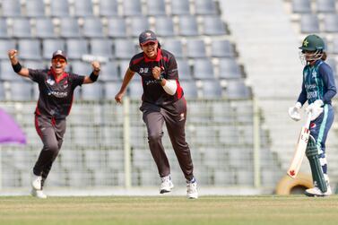 Esha Rohit Oza of UAE celebrates the wicket of Omaima Sohail of Pakistan during the Women’s T20 Asia Cup 2022 cricket match between Pakistan women and UAE women at the Sylhet International Cricket Stadium, Sylhet, Bangladesh on the October 9th, 2022.

Photo by Deepak Malik / CREIMAS for Asian Cricket Council 


RESTRICTED TO EDITORIAL USE