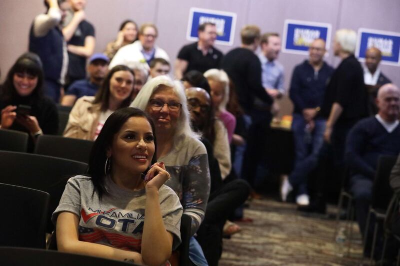 LAS VEGAS, NEVADA - FEBRUARY 19: People react as they participate in a Democratic presidential primary debate watch party at Las Vegas LGBT Center February 19, 2020 in Las Vegas, Nevada. Six candidates qualified for the third Democratic presidential primary debate of 2020, which comes just days before the Nevada caucuses on February 22.   Alex Wong/Getty Images/AFP
== FOR NEWSPAPERS, INTERNET, TELCOS & TELEVISION USE ONLY ==
