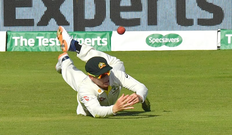 Australia's Marcus Harris cannot take a catch to dismiss England's Ben Stokes. AFP