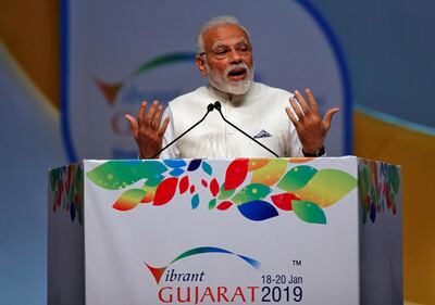 FILE PHOTO: India's Prime Minister Narendra Modi speaks during the Vibrant Gujarat Global Summit in Gandhinagar, India, January 18, 2019. REUTERS/Amit Dave/File Photo