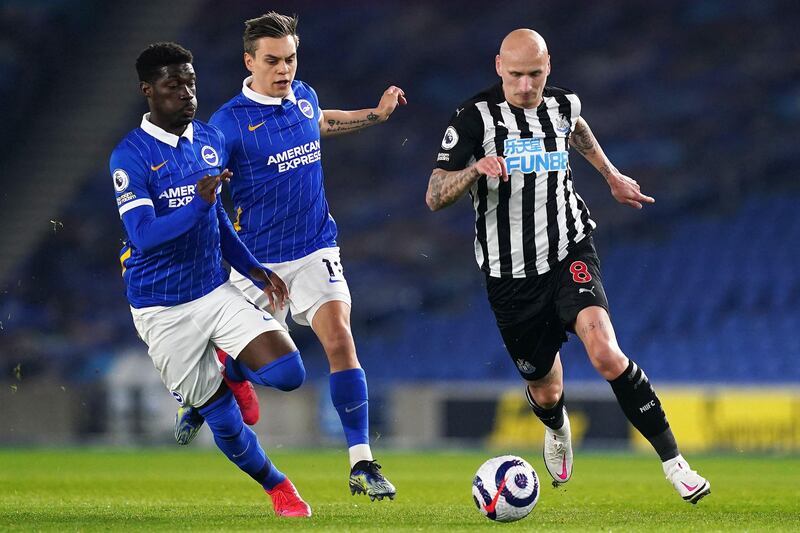 Jonjo Shelvey - 5: Put in a shift but looks slow when Brighton had possession and his distribution was often wayward. Supplied cross Hayden with Newcastle’s only chance in first half. Threaded one good ball through to Fraser down left midway through second period. AFP