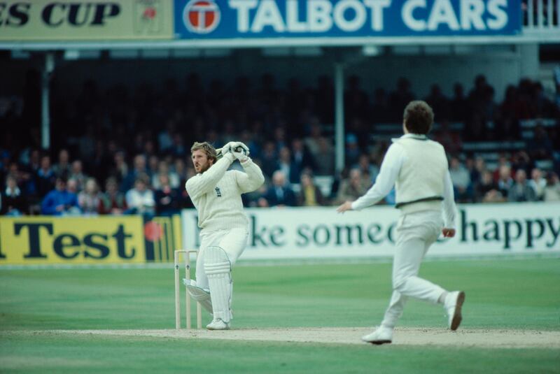 England captain Ian Botham hits a cover drive for 4 off Terry Alderman during the 1st test match against Australia at Trent Bridge, Nottingham, June 1981. England lost the match but won the series, which came to be known as 'Botham's Ashes'. (Photo by Adrian Murrell/Getty Images)