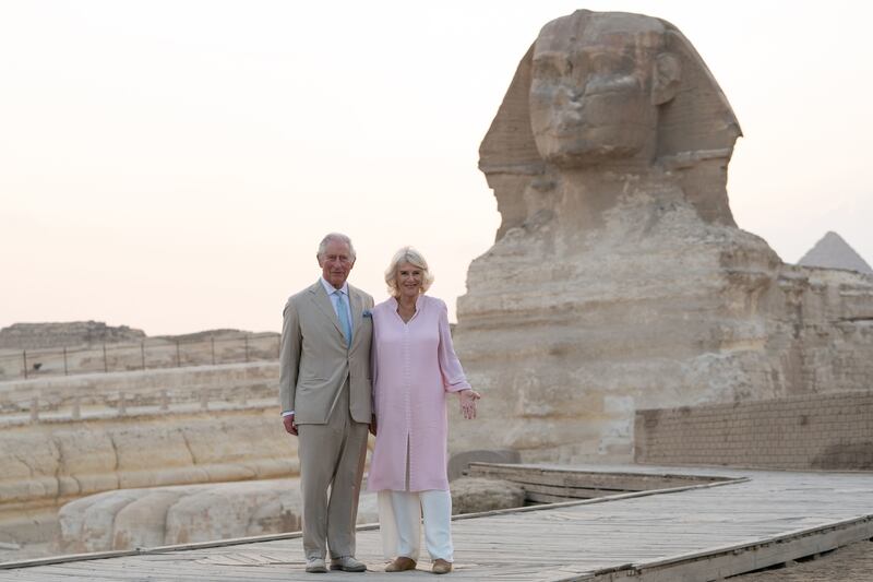 Prince Charles and Camilla visit the Great Sphinx of Giza during a regional tour in 2021. Getty