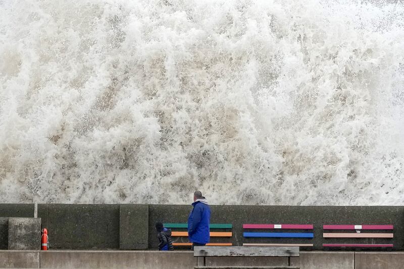 Waves hit the sea wall in Liverpool, England. A red alert has been declared for Storm Eunice, which is arriving in the early hours of Friday in the wake of Storm Dudley. Getty