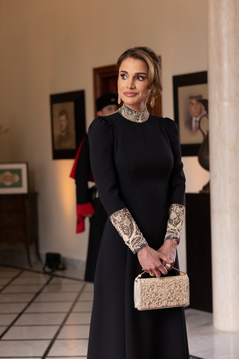 Queen Rania at the wedding ceremony of Crown Prince Hussein and Princess Rajwa in June this year 