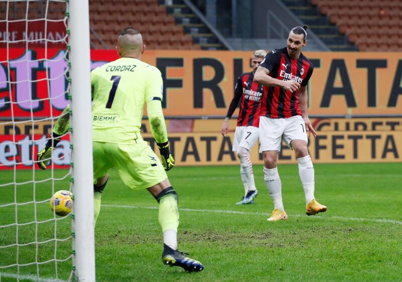 Zlatan Ibrahimovic scores Milan's second goal. Reuters