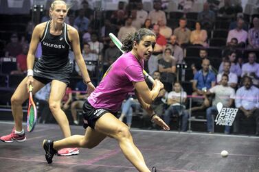 DUBAI, UNITED ARAB EMIRATES. 05 MAY 2018. PSA Dubai World Series. Squash Tournament at the Emirates Golf Club. Laura Massaro of England (Black) VS Raneem El Welily of Egypt (Pink). (Photo: Antonie Robertson/The National) Journalist: Amith Passela. Section: Sport.