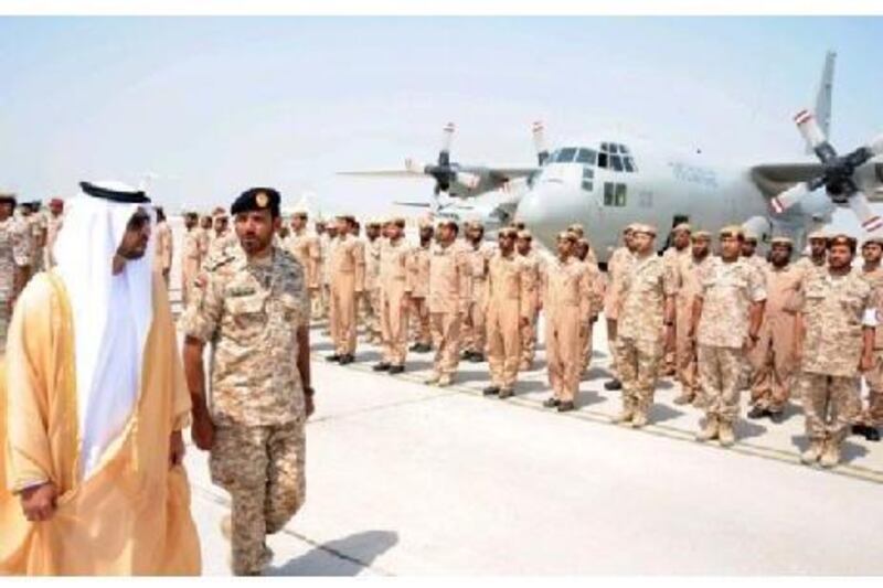 Sheikh Hamdan bin Zayed, the Ruler's Representative in the Western Region, welcomes UAE Armed Forces home from a humanitarian mission in Pakistan at the Bateen executive airport in Abu Dhabi. WAM