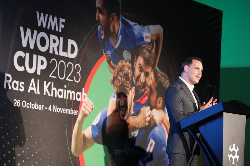 Raki Philips, chief executive of Ras Al Khaimah Tourism Development Authority, during the draw for the Minifootball World Cup 2023 at Al Marjan Island. Chris Whiteoak / The National