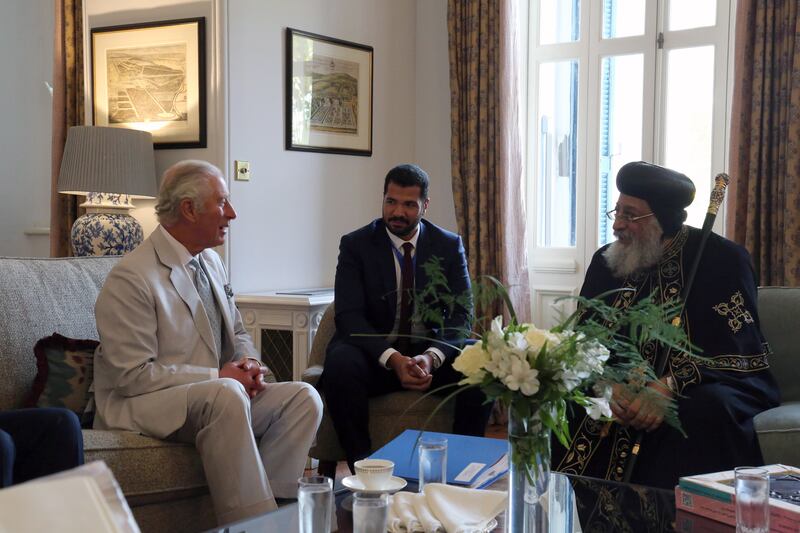 Britain's Prince Charles the Prince of Wales meets with Pope Tawadros II, head of Egypt's Coptic Orthodox Church, in Cairo. EPA