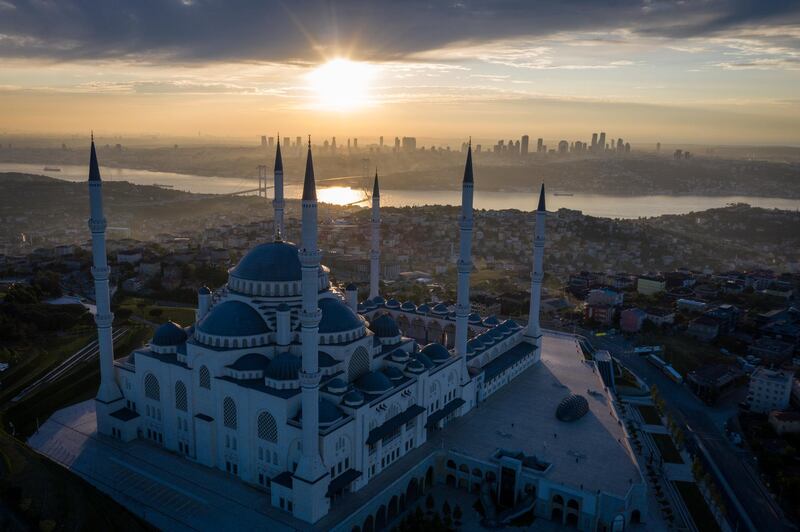 The courtyard and surrounding roads of the closed Grand Camlica Mosque are seen empty in Istanbul, Turkey. Getty Images