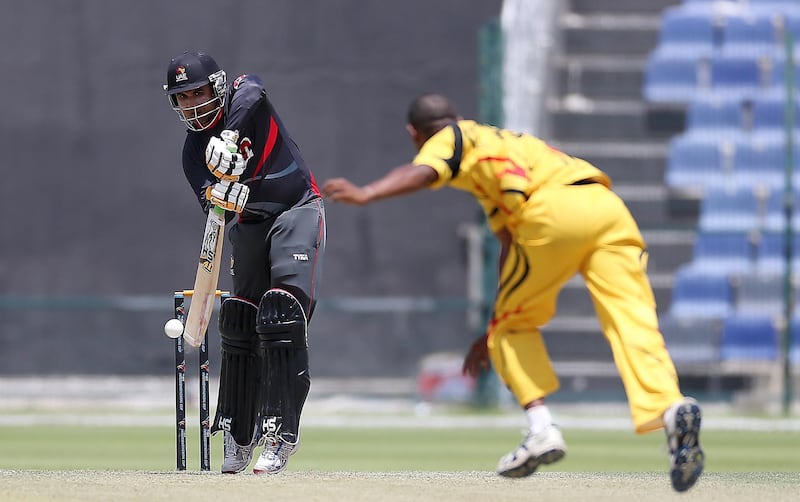 
ABU DHABI , UNITED ARAB EMIRATES – April 12 , 2017 : Shaiman Anwar of UAE cricket team playing a shot during the T20 cricket match between Papua New Guinea vs UAE held at  Sheikh Zayed Cricket Stadium in Abu Dhabi. UAE won the match by 5 wickets. Shaiman Anwar scored 39 runs in this match.( Pawan Singh / The National ) For Sports. Story by Paul Radley. ID : 28402 *** Local Caption ***  PS1204- CRICKET03.jpg