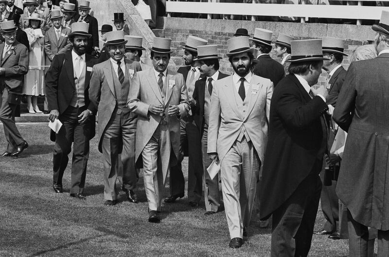 Sheikh Mohammed walks among spectators in the royal enclosure at Royal Ascot in Berkshire, UK, in 1985.