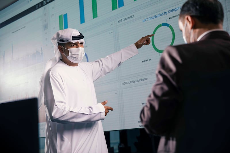Performance Engineers at Adnoc's Digital Real Time Monitoring Centre (RTMC) leverage data and advanced technology that lets them control drilling activity in real time, optimising performance and costs. Photo: Adnoc