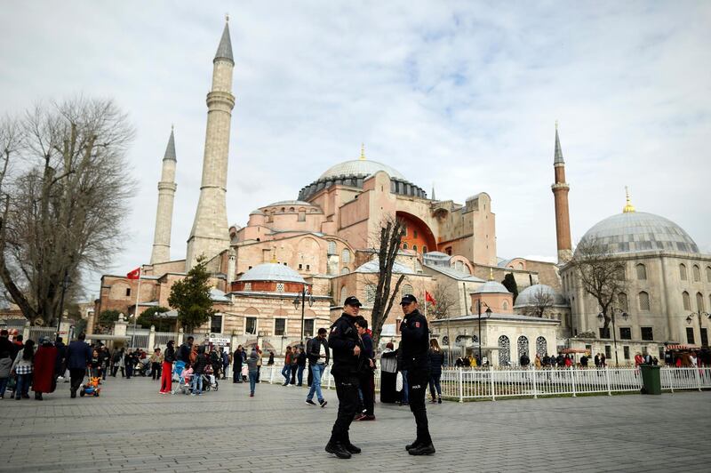 Turkish police secure the plaza in front of he Byzantine-era Hagia Sophia, one of Istanbul's main tourist attractions. AP Photo