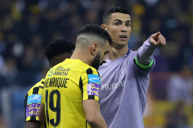 Cristiano Ronaldo gestures during the Saudi Super Cup semi-final. AFP