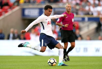 Tottenham Hotspur's Dele Alli has a shot on target during the pre-season friendly match at Wembley Stadium, London. PRESS ASSOCIATION Photo. Picture date: Saturday August 5, 2017. See PA story SOCCER Tottenham. Photo credit should read: Andrew Matthews/PA Wire. RESTRICTIONS: EDITORIAL USE ONLY No use with unauthorised audio, video, data, fixture lists, club/league logos or "live" services. Online in-match use limited to 75 images, no video emulation. No use in betting, games or single club/league/player publications.