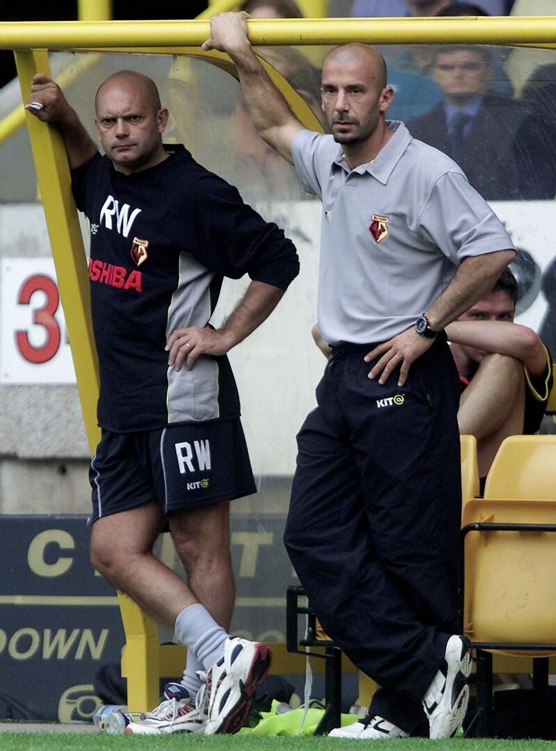 Ray Wilkins watches on with Watford manager Gianluca Vialli as their side goes down 1-0 during the Nationwide First Division game between Wolverhampton Wanderers and Watford at Molineux, Wolverhampton. Laurence Griffiths / Getty Images