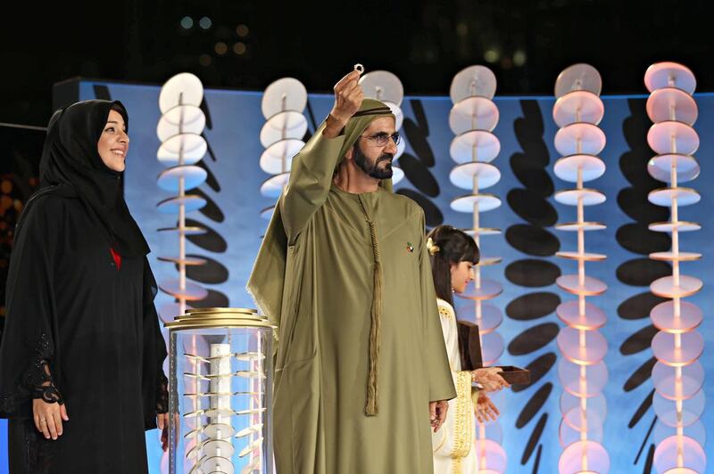 Sheikh Mohammed bin Rashid unveils the logo for Expo 2020 Dubai, based on a 4,000-year-old gold ring, in 2016. Courtesy: Dubai Government Media Office