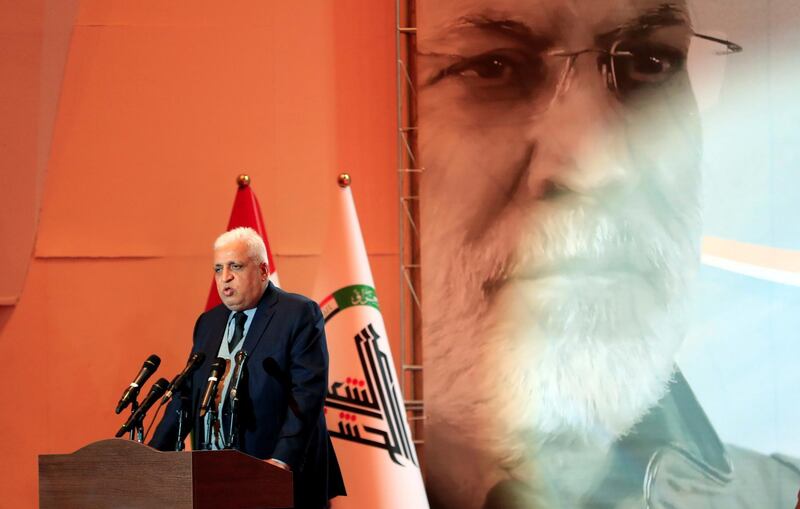 FILE PHOTO: Head of the Popular Mobilization forces Faleh al-Fayyad speaks during the forty days memorial, after the killing of Iran's Quds Force top commander Qassem Soleimani and Iraqi militia commander Abu Mahdi al-Muhandis in a U.S. air strike at Baghdad airport, in Baghdad, Iraq February 11, 2020. REUTERS/Thaier al-Sudani/File Photo