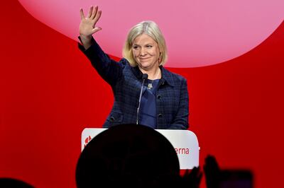 Sweden's Prime Minister and Social Democratic party leader Magdalena Andersson delivers a speech at the Waterfront Conference Centre in Stockholm on Sunday. EPA