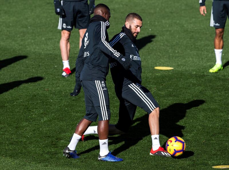 Karim Benzema takes part in a training session ahead of Real Madrid's La Liga clash with Eibar on Saturday. EPA