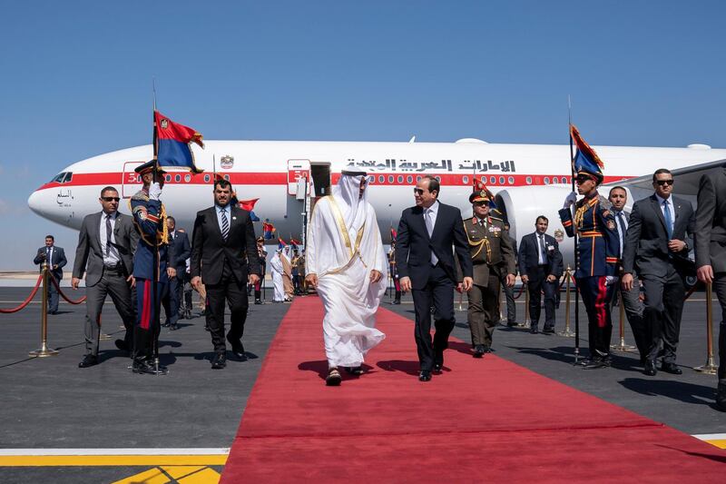 ALEXANDRIA, EGYPT - March 27, 2019: HH Sheikh Mohamed bin Zayed Al Nahyan, Crown Prince of Abu Dhabi and Deputy Supreme Commander of the UAE Armed Forces (center L) is received by HE Abdel Fattah El Sisi President of Egypt (center R), at Borg El Arab International Airport.

( Mohamed Al Hammadi / Ministry of Presidential Affairs )
---