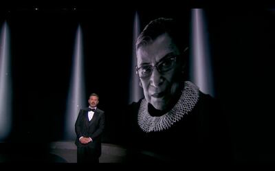 This handout screen shot released courtesy of American Broadcasting Companies, Inc. / ABC shows host Jimmy Kimmel standing before a photo of the late Supreme Court Justice of the United States Ruth Bader Ginsburg during the 72nd Primetime Emmy Awards ceremony held virtually on September 20, 2020. Hollywood's first major Covid-era award show will look radically different to previous editions, with no red carpet and a host broadcasting from an empty theater in Los Angeles, which remains under strict lockdown. - RESTRICTED TO EDITORIAL USE - MANDATORY CREDIT "AFP PHOTO / American Broadcasting Companies, Inc. / ABC" - NO MARKETING NO ADVERTISING CAMPAIGNS - DISTRIBUTED AS A SERVICE TO CLIENTS --- NO ARCHIVE ---

 / AFP / American Broadcasting Companies, Inc. / ABC / - / RESTRICTED TO EDITORIAL USE - MANDATORY CREDIT "AFP PHOTO / American Broadcasting Companies, Inc. / ABC" - NO MARKETING NO ADVERTISING CAMPAIGNS - DISTRIBUTED AS A SERVICE TO CLIENTS --- NO ARCHIVE ---

