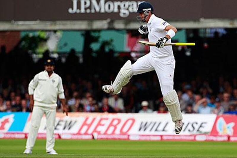 Kevin Pietersen celebrates reaching his hundred against India at Lord’s yesterday.