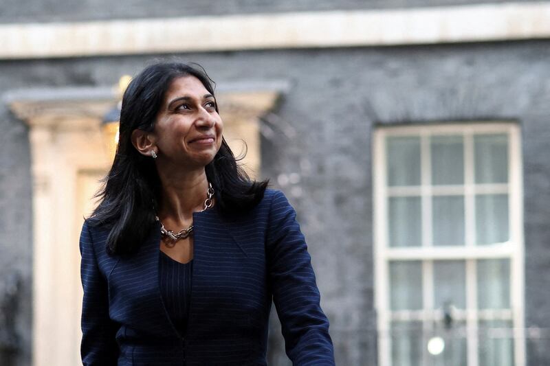 Ms Braverman outside No 10 Downing Street in October 2022 after being appointed Britain's home secretary by Mr Sunak. Reuters