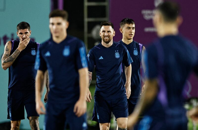 Lionel Messi and his Argentina teammates during a training session in Doha. Reuters
