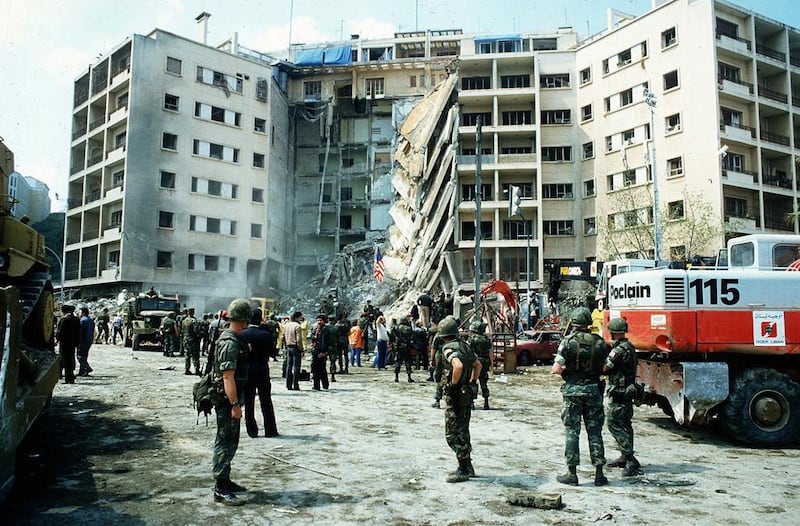 The aftermath of the truck-bombing of the US Embassy in Beirut in which Robert Ames was killed. AP Photo