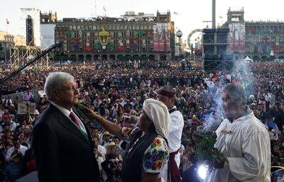 Mexico's President Andres Manuel Lopez Obrador takes part in an indigenous ceremony at the AMLO Fest at Zocalo square in Mexico City, Mexico December 1, 2018. Picture taken December 1, 2018. Press Office Andres Manuel Lopez Obrador/Daniel Aguilar/Handout via REUTERS ATTENTION EDITORS - THIS IMAGE WAS PROVIDED BY A THIRD PARTY