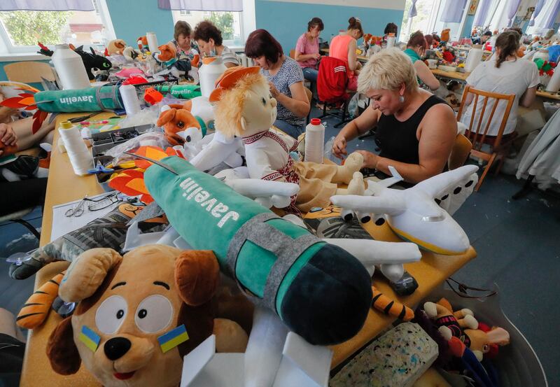 Seamstresses sew soft toys at the Kopytsia toy factory in Nizhyn, Ukraine. The factory makes toys that have became patriotic symbols for Ukrainians during Russia's invasion. EPA